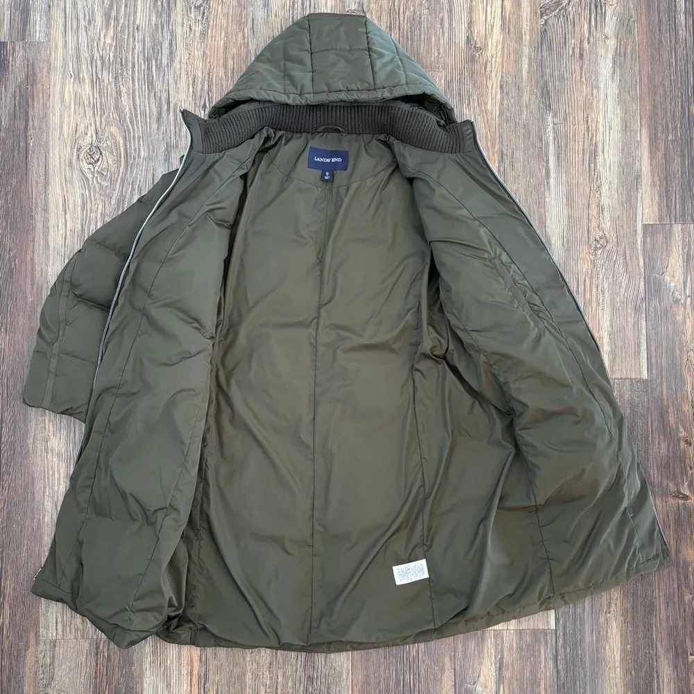 Lands’ End Hooded Quilted Down Puffer Jacket XL Olive Green 38” Long Two-Way Zip - Picture 4 of 14